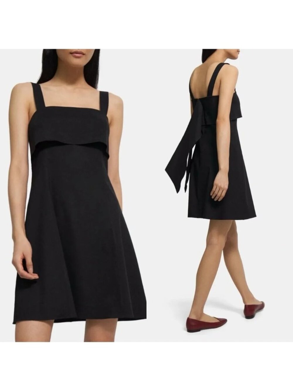 THEORY Drape-Back Dress in Good Linen Sz 8 Black Square Neck Minimalist